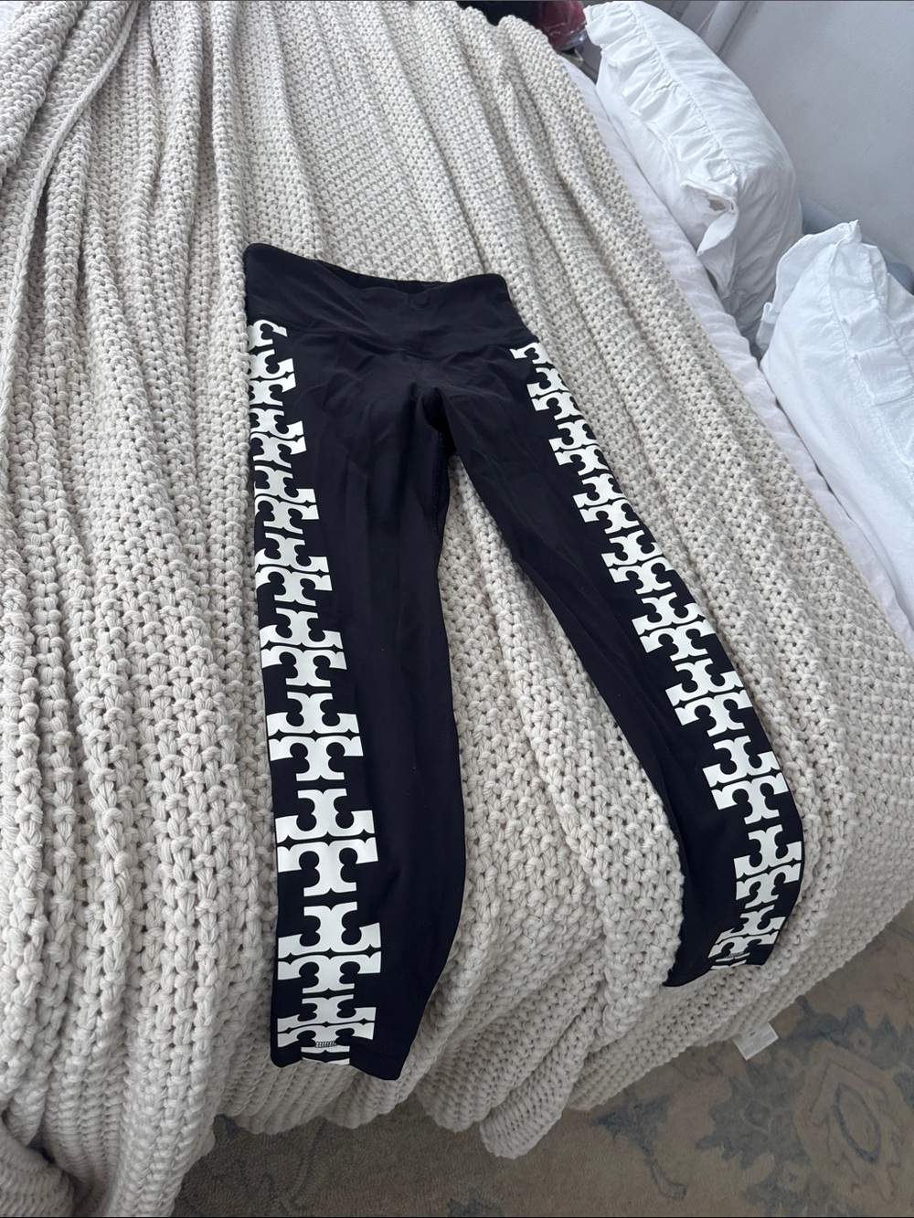 Tory Burch Black Leggings with White Logo Stripe